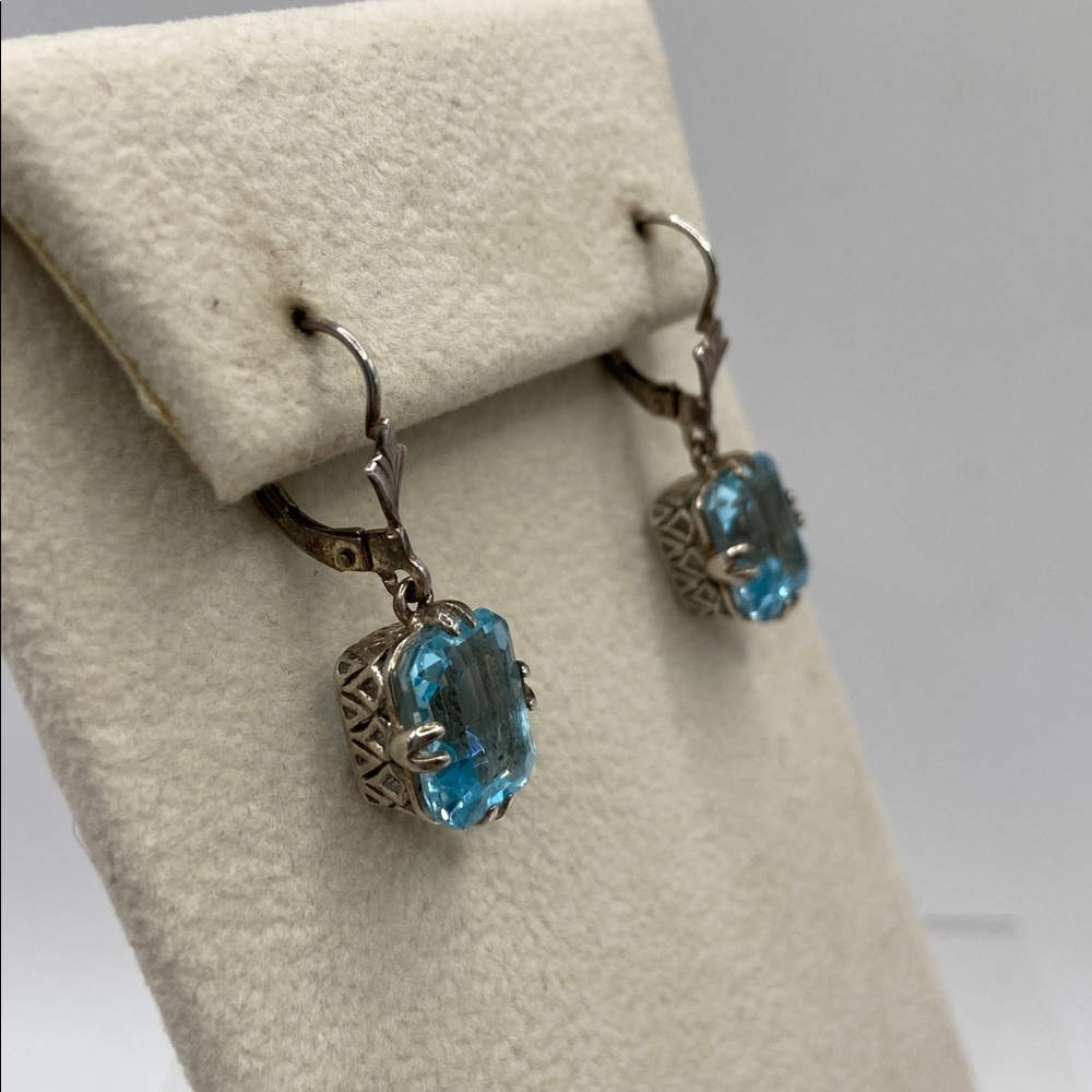 Vintage Sterling Silver 925 Blue Topaz Emerald Cut Lever Back Earrings - Picture 4 of 10